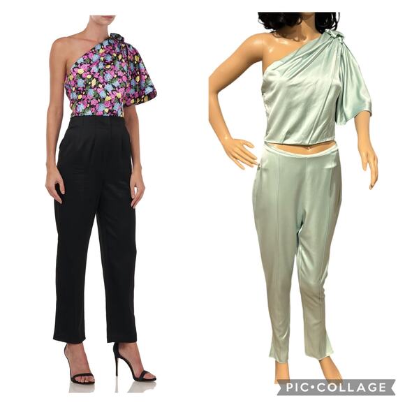 NWT AMUR April top one shoulder drape & matching pants green size Small - Picture 1 of 12